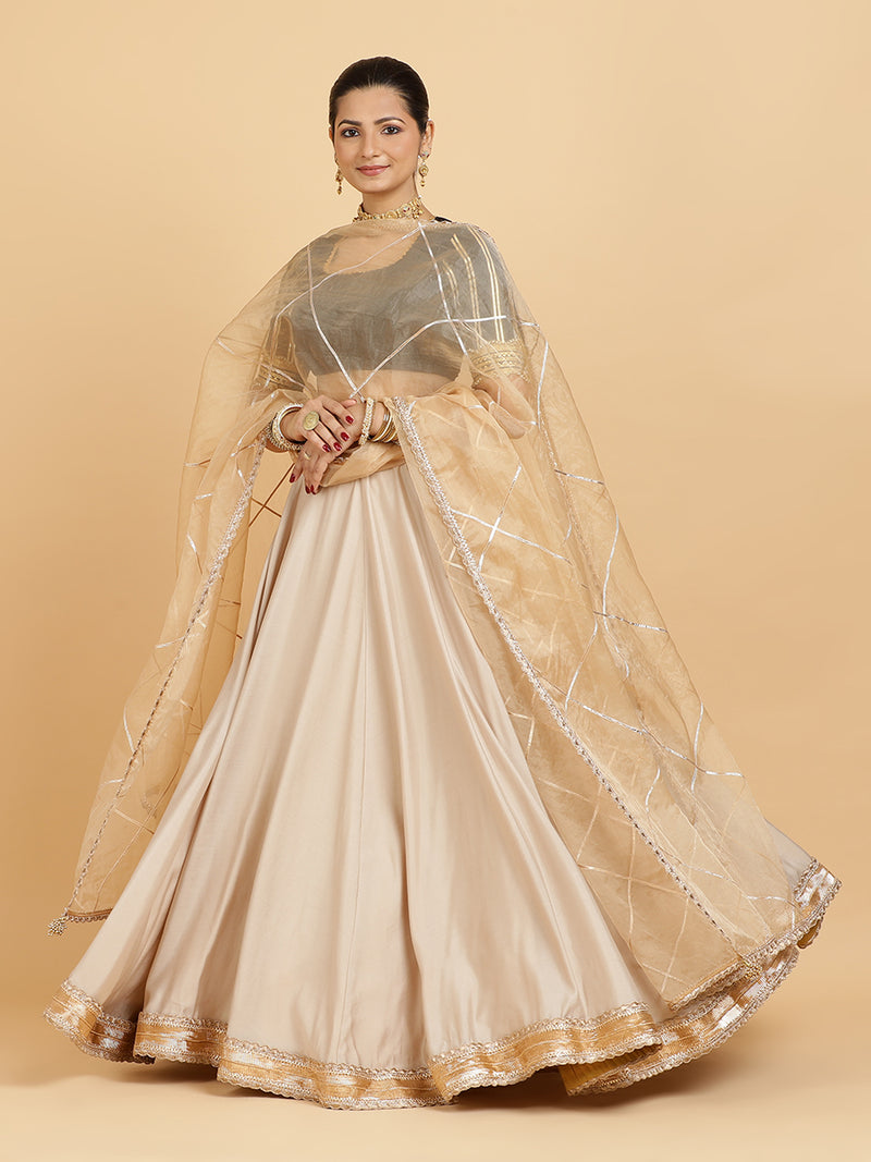 Zainab Aziza 4-Pc Lehenga Set x Tyohaar | Oyster Grey Lehenga, Charcoal Black Blouse with Sunheri Gold Dupatta and Cancan Skirt-Binks