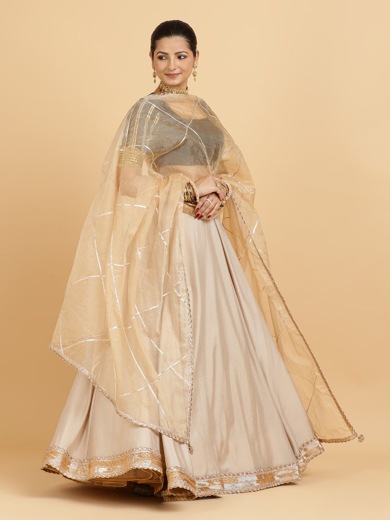 Zainab Aziza 4-Pc Lehenga Set x Tyohaar | Oyster Grey Lehenga, Charcoal Black Blouse with Sunheri Gold Dupatta and Cancan Skirt-Binks