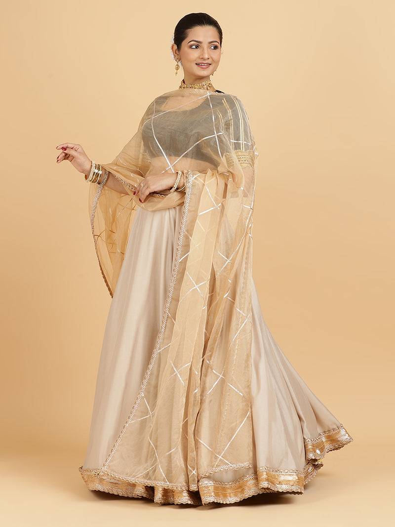 Zainab Aziza 4-Pc Lehenga Set x Tyohaar | Oyster Grey Lehenga, Charcoal Black Blouse with Sunheri Gold Dupatta and Cancan Skirt-Binks