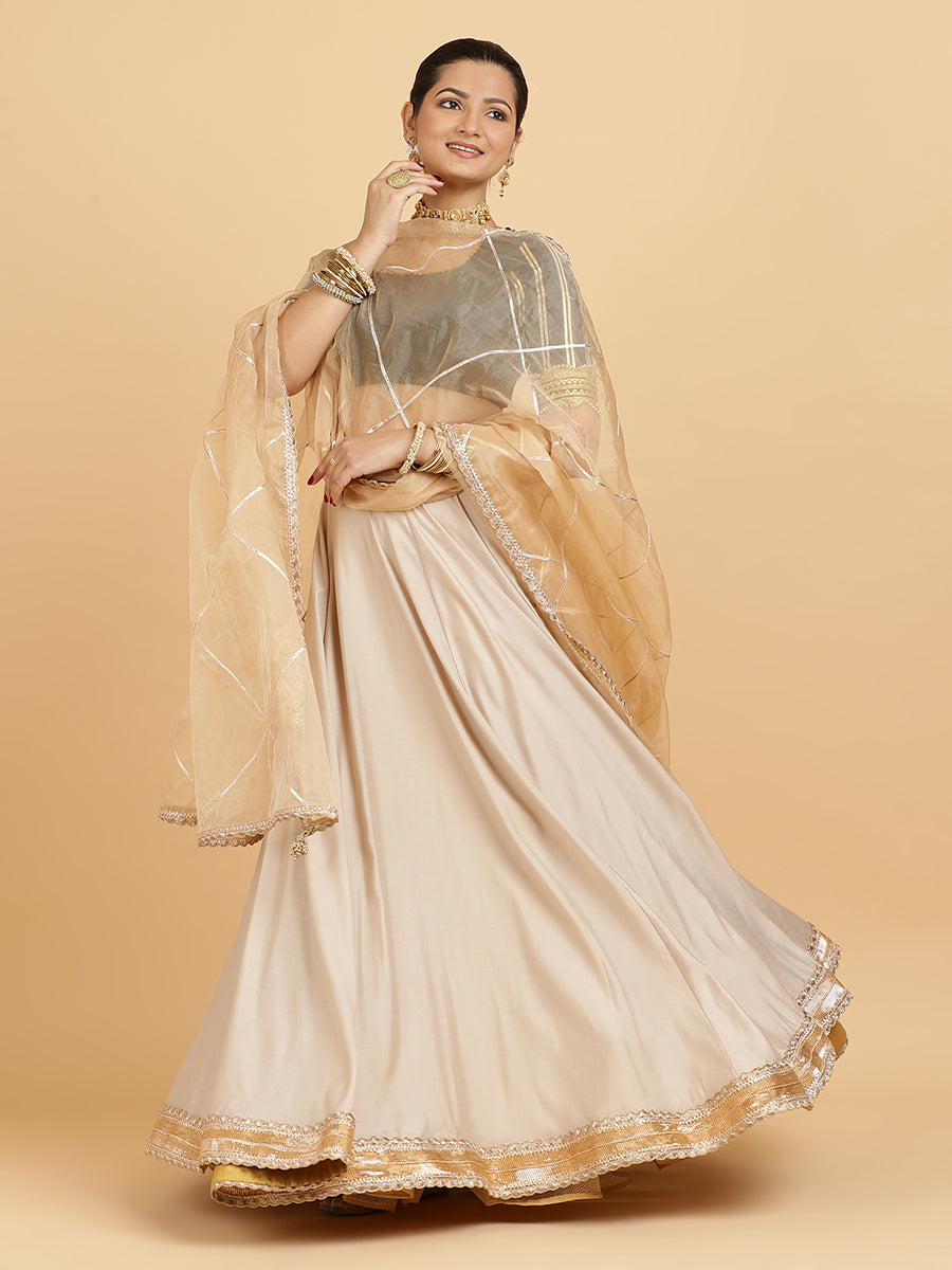 Zainab Aziza 4-Pc Lehenga Set x Tyohaar, in Beige, featuring elbow sleeves and square neckline, made for party & festive.