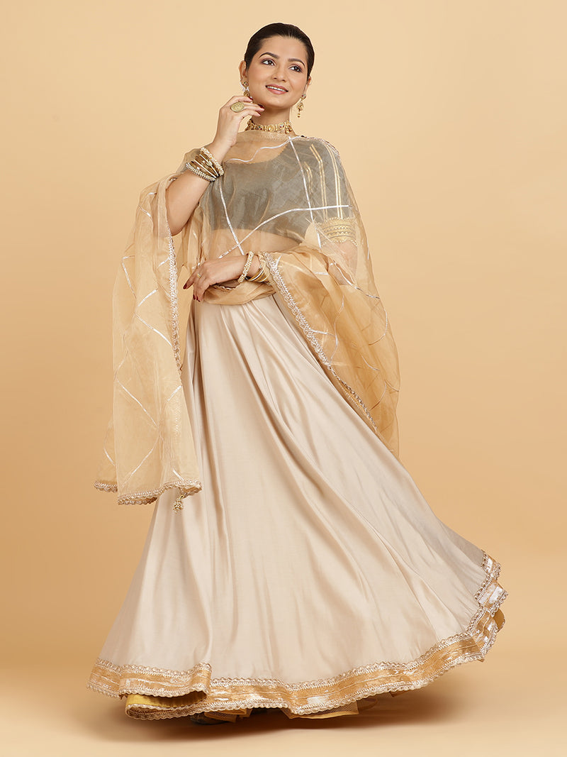 Zainab Aziza 4-Pc Lehenga Set x Tyohaar | Oyster Grey Lehenga, Charcoal Black Blouse with Sunheri Gold Dupatta and Cancan Skirt-Binks