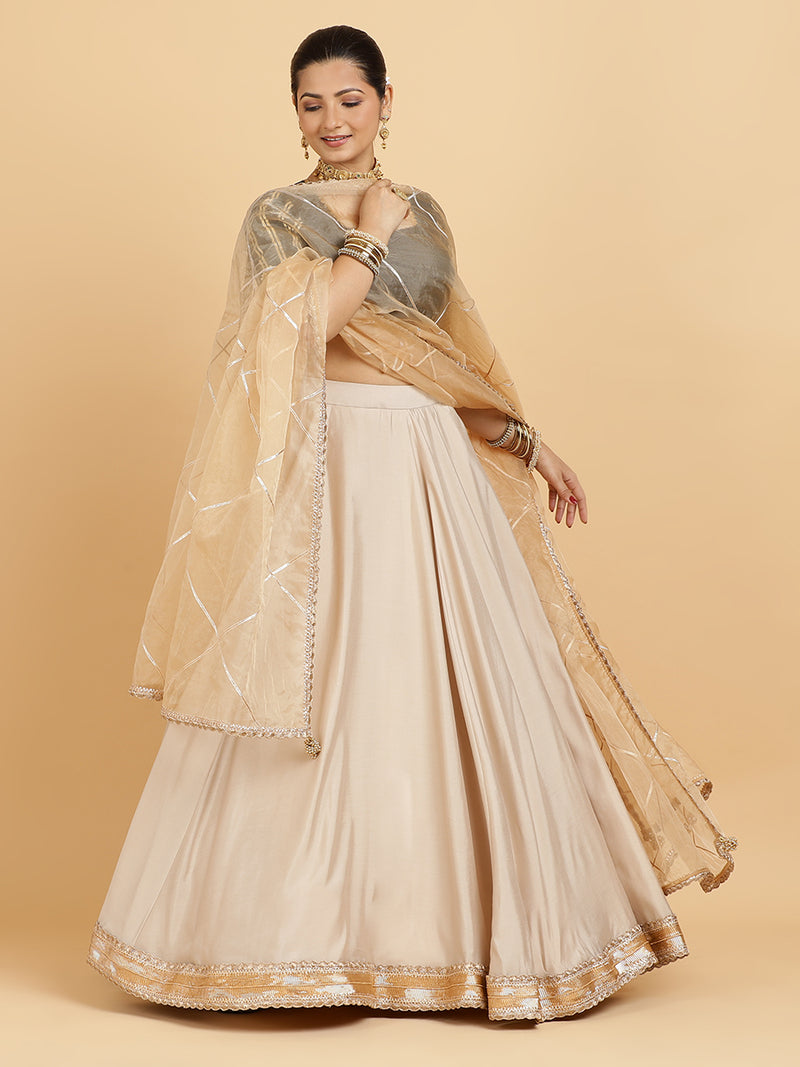 Zainab Aziza 4-Pc Lehenga Set x Tyohaar | Oyster Grey Lehenga, Charcoal Black Blouse with Sunheri Gold Dupatta and Cancan Skirt-Binks