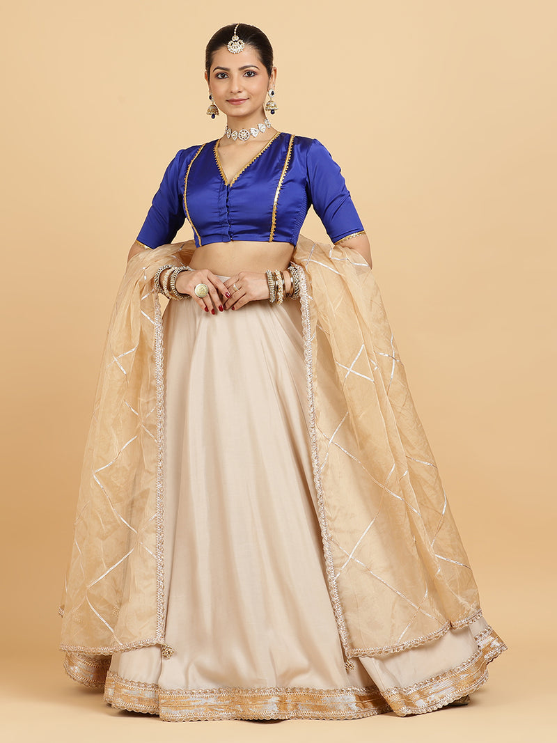 Zainab Begum 4-Pc Lehenga Set x Tyohaar | Oyster Grey Lehenga, Cobalt Blue Blouse with Sunheri Gold Dupatta and Cancan Skirt-Binks