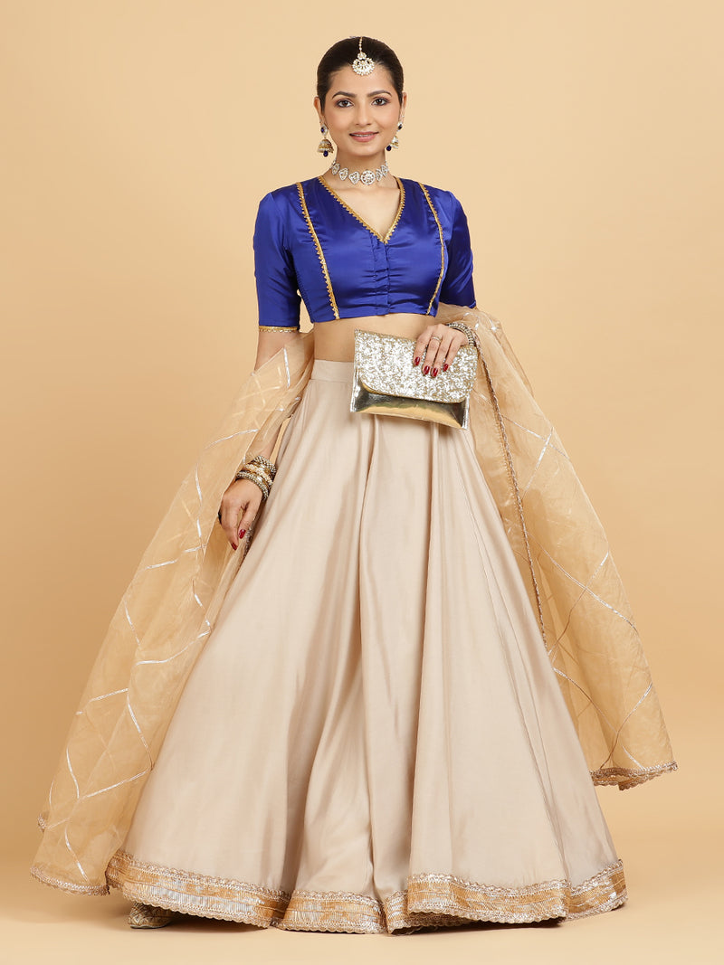 Zainab Begum 4-Pc Lehenga Set x Tyohaar | Oyster Grey Lehenga, Cobalt Blue Blouse with Sunheri Gold Dupatta and Cancan Skirt-Binks