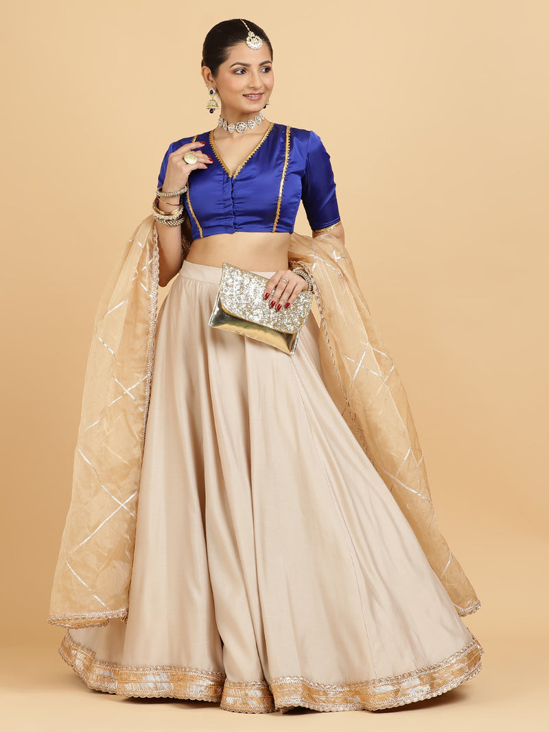 Zainab Begum 4-Pc Lehenga Set x Tyohaar | Oyster Grey Lehenga, Cobalt Blue Blouse with Sunheri Gold Dupatta and Cancan Skirt-Binks