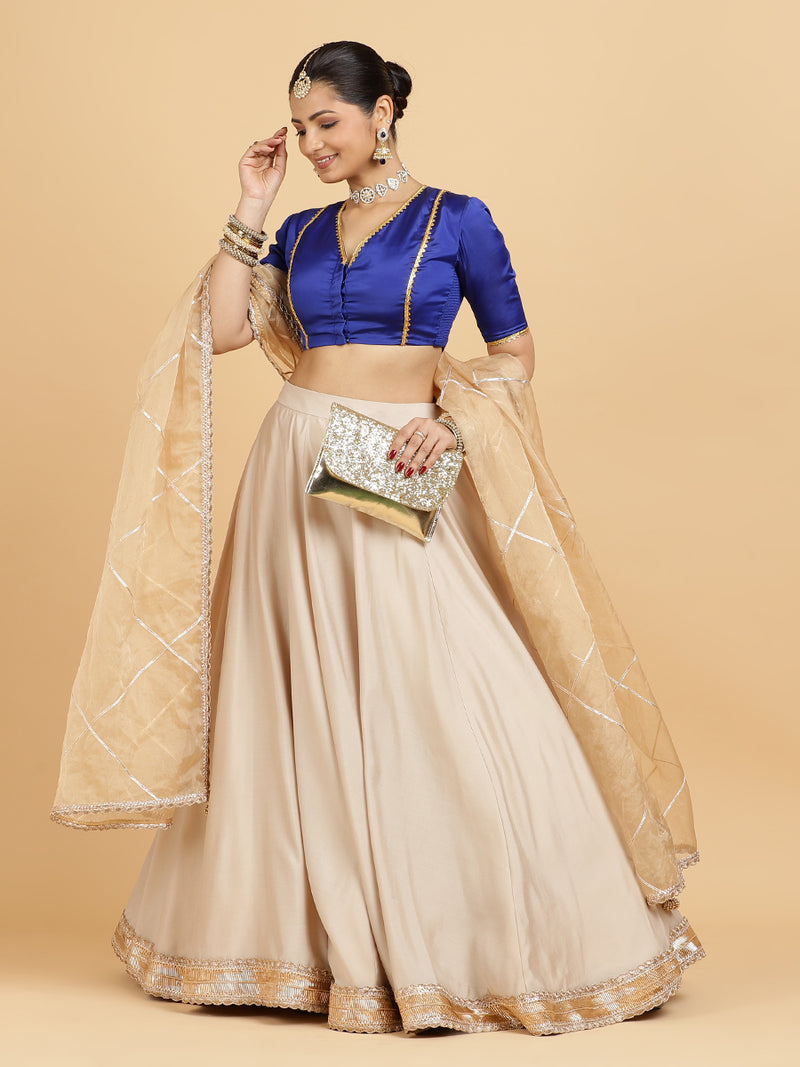 Zainab Begum 4-Pc Lehenga Set x Tyohaar | Oyster Grey Lehenga, Cobalt Blue Blouse with Sunheri Gold Dupatta and Cancan Skirt-Binks