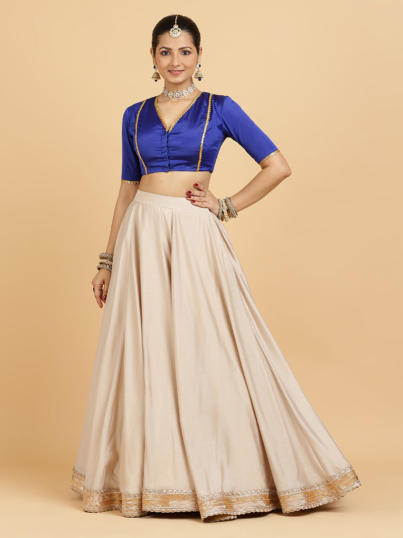 Zainab Begum 4-Pc Lehenga Set x Tyohaar | Oyster Grey Lehenga, Cobalt Blue Blouse with Sunheri Gold Dupatta and Cancan Skirt-Binks