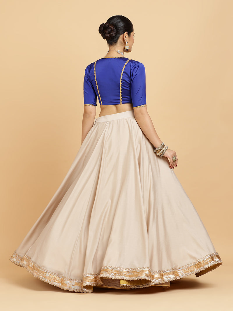 Zainab Begum 4-Pc Lehenga Set x Tyohaar | Oyster Grey Lehenga, Cobalt Blue Blouse with Sunheri Gold Dupatta and Cancan Skirt-Binks