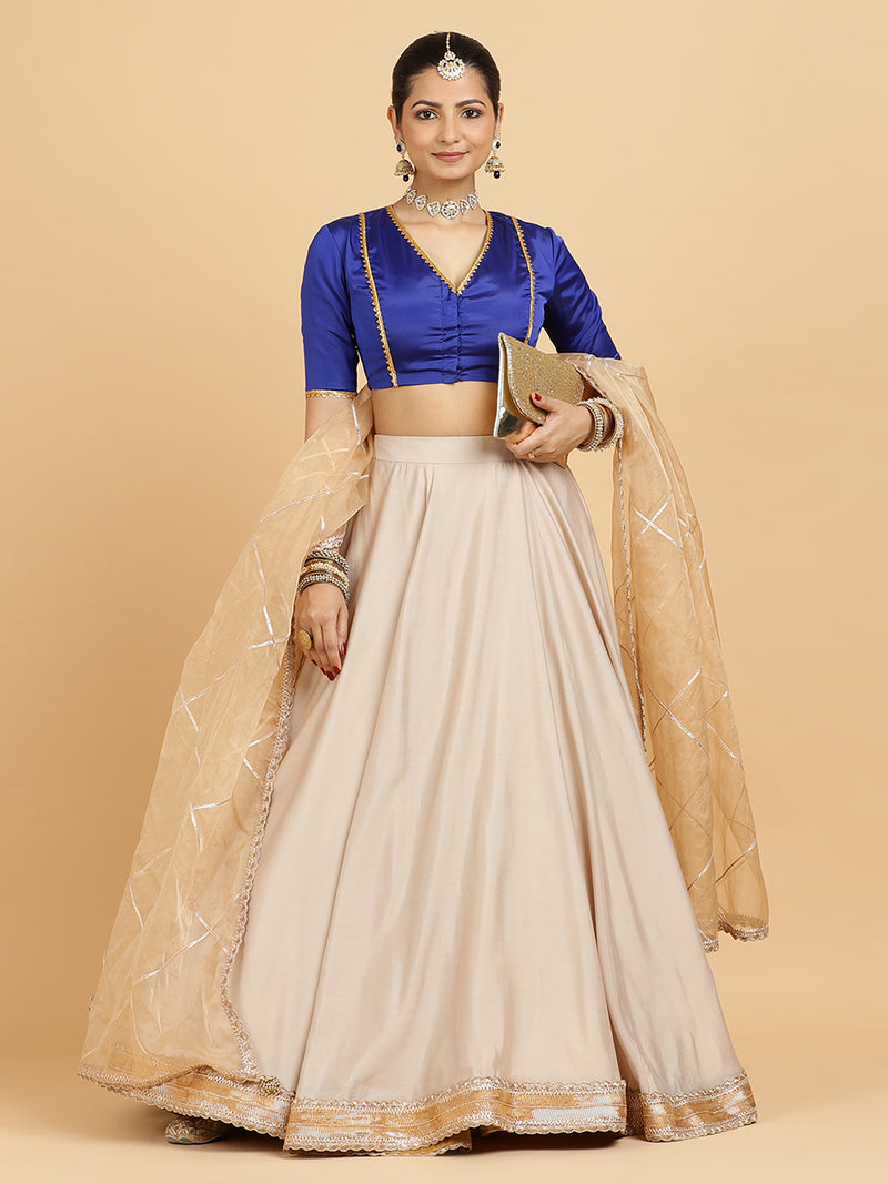 Zainab Begum 4-Pc Lehenga Set x Tyohaar | Oyster Grey Lehenga, Cobalt Blue Blouse with Sunheri Gold Dupatta and Cancan Skirt-Binks
