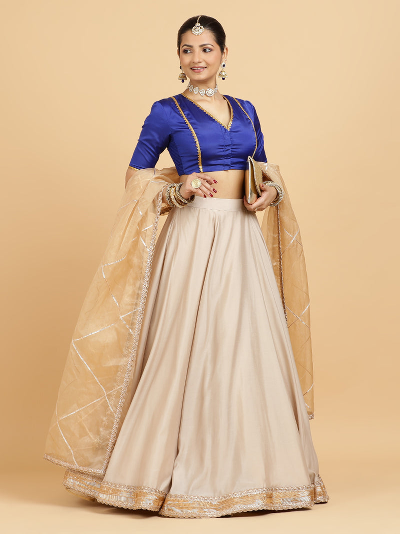 Zainab Begum 4-Pc Lehenga Set x Tyohaar | Oyster Grey Lehenga, Cobalt Blue Blouse with Sunheri Gold Dupatta and Cancan Skirt-Binks
