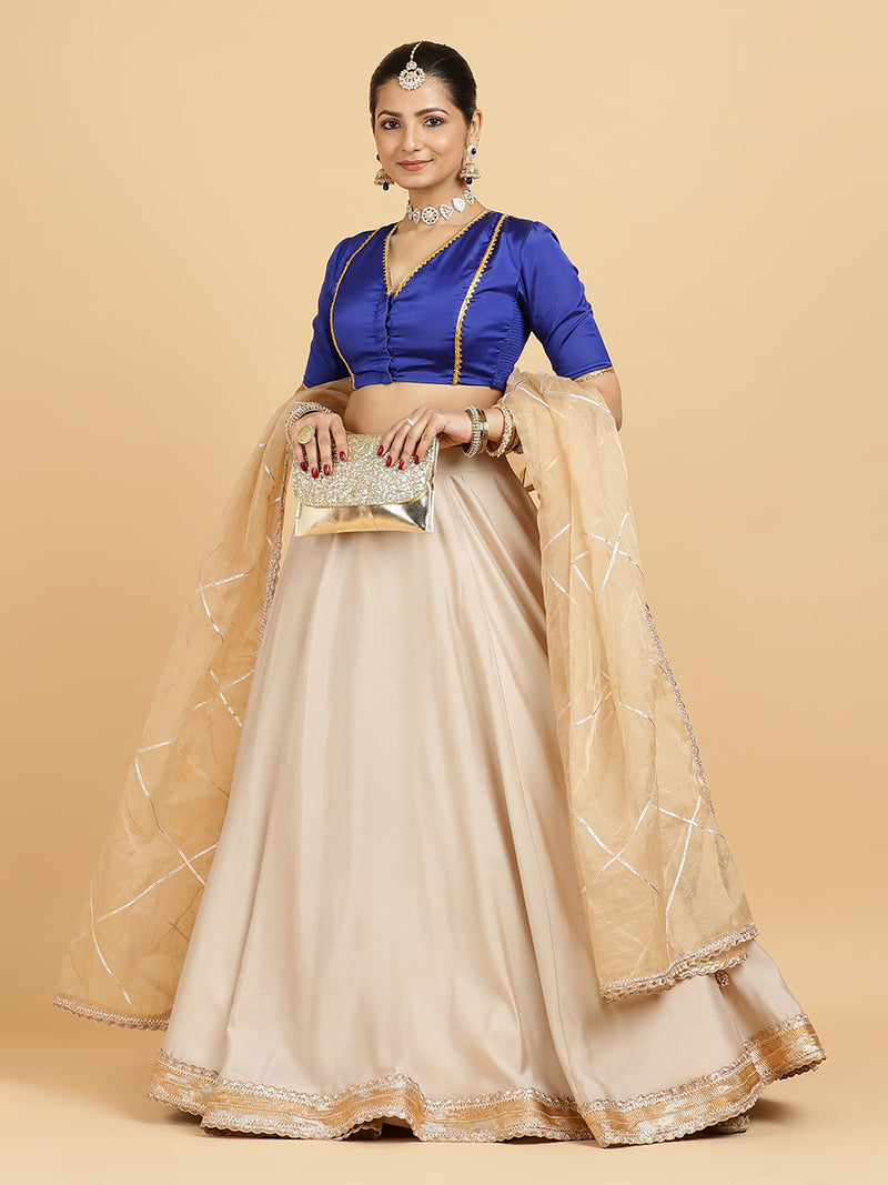 Zainab Begum 4-Pc Lehenga Set x Tyohaar | Oyster Grey Lehenga, Cobalt Blue Blouse with Sunheri Gold Dupatta and Cancan Skirt-Binks