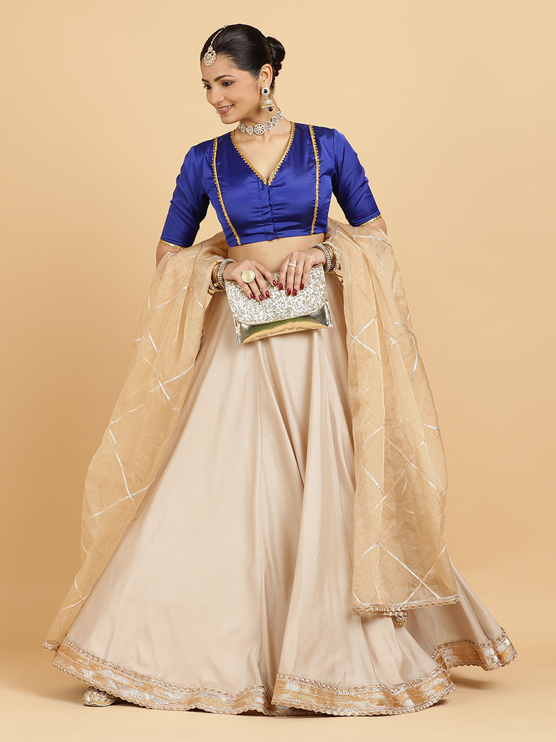 Zainab Begum 4-Pc Lehenga Set x Tyohaar | Oyster Grey Lehenga, Cobalt Blue Blouse with Sunheri Gold Dupatta and Cancan Skirt-Binks
