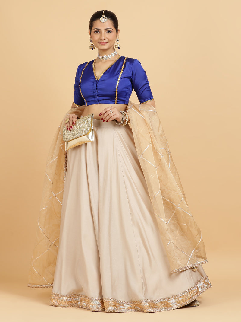 Zainab Begum 4-Pc Lehenga Set x Tyohaar | Oyster Grey Lehenga, Cobalt Blue Blouse with Sunheri Gold Dupatta and Cancan Skirt-Binks