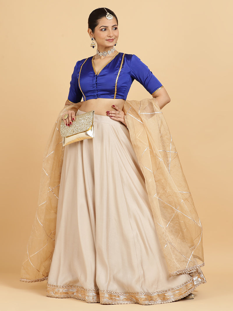 Zainab Begum 4-Pc Lehenga Set x Tyohaar | Oyster Grey Lehenga, Cobalt Blue Blouse with Sunheri Gold Dupatta and Cancan Skirt-Binks