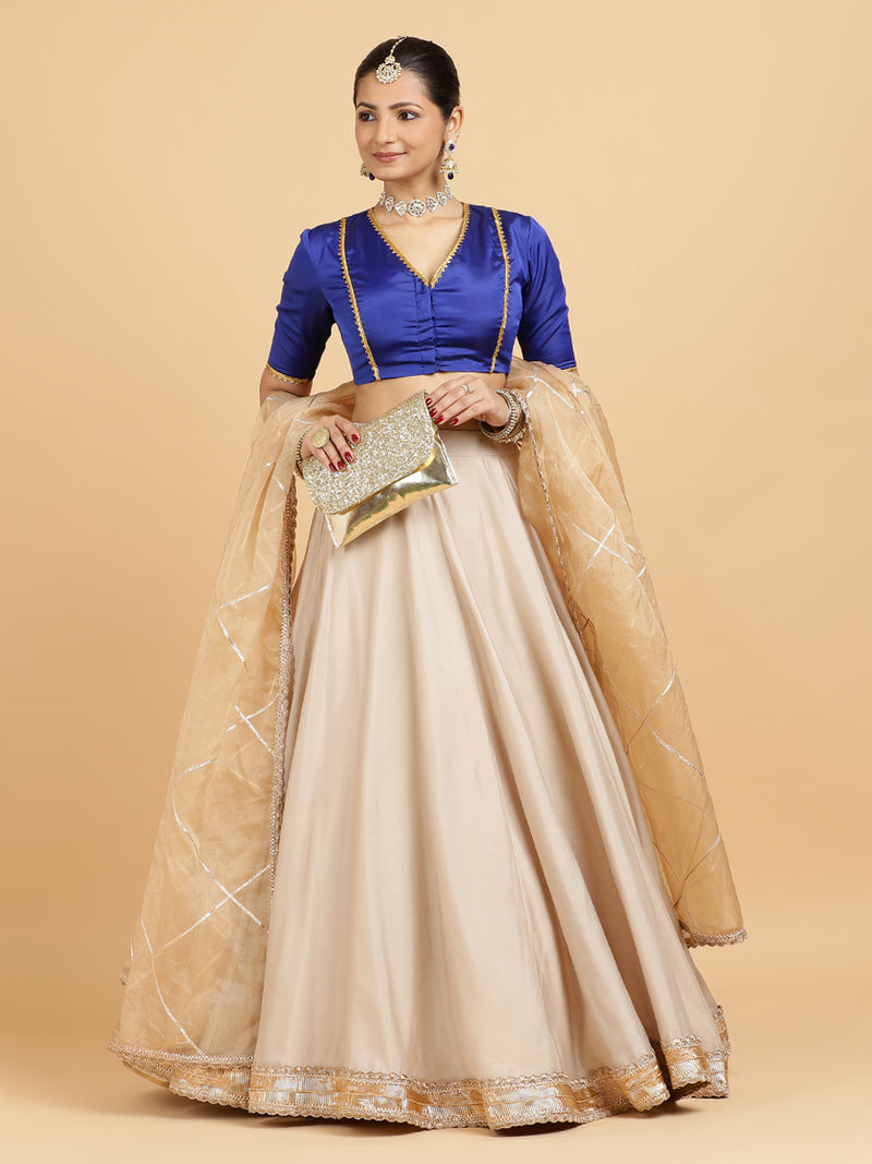 Zainab Begum 4-Pc Lehenga Set x Tyohaar | Oyster Grey Lehenga, Cobalt Blue Blouse with Sunheri Gold Dupatta and Cancan Skirt-Binks