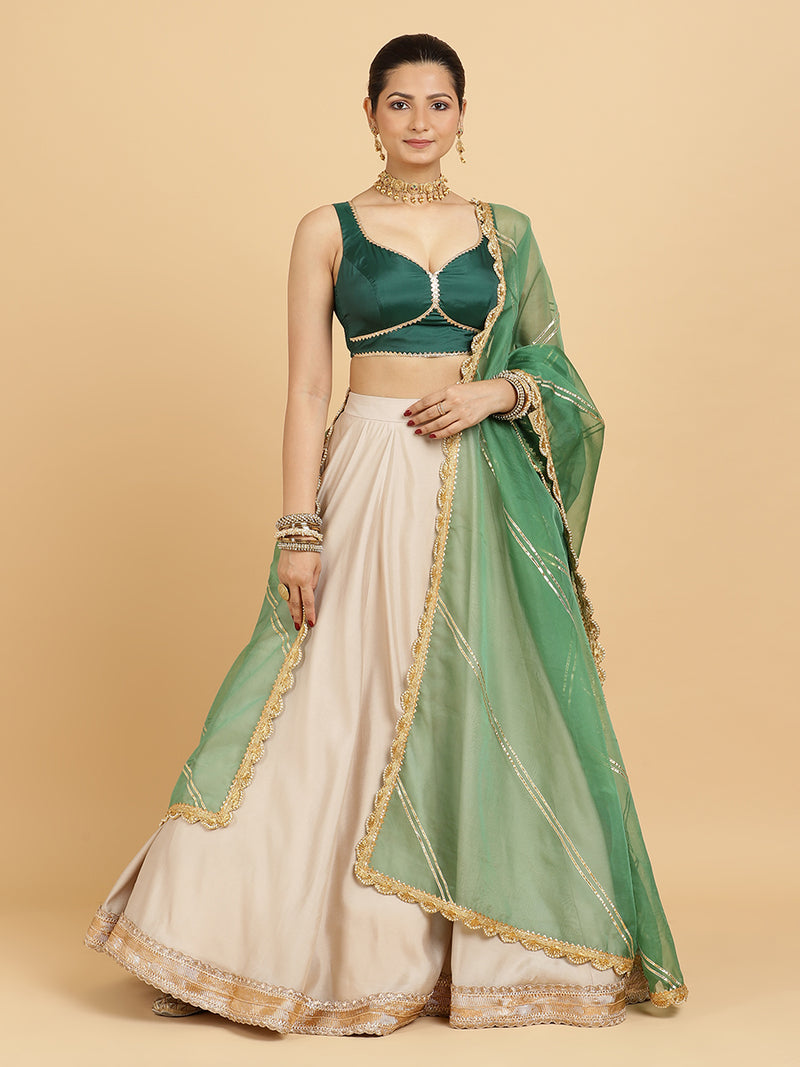 Zainab Ishika 4-Pc Lehenga Set x Tyohaar | Oyster Grey Lehenga, Bottle Green Blouse with Panna Emerald Green Dupatta and Cancan Skirt-Binks