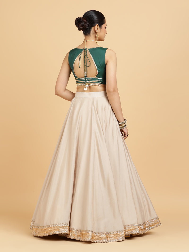 Zainab Ishika 4-Pc Lehenga Set x Tyohaar | Oyster Grey Lehenga, Bottle Green Blouse with Panna Emerald Green Dupatta and Cancan Skirt-Binks