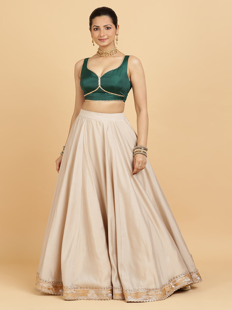 Zainab Ishika 4-Pc Lehenga Set x Tyohaar | Oyster Grey Lehenga, Bottle Green Blouse with Panna Emerald Green Dupatta and Cancan Skirt-Binks