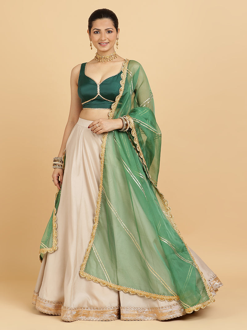 Zainab Ishika 4-Pc Lehenga Set x Tyohaar | Oyster Grey Lehenga, Bottle Green Blouse with Panna Emerald Green Dupatta and Cancan Skirt-Binks