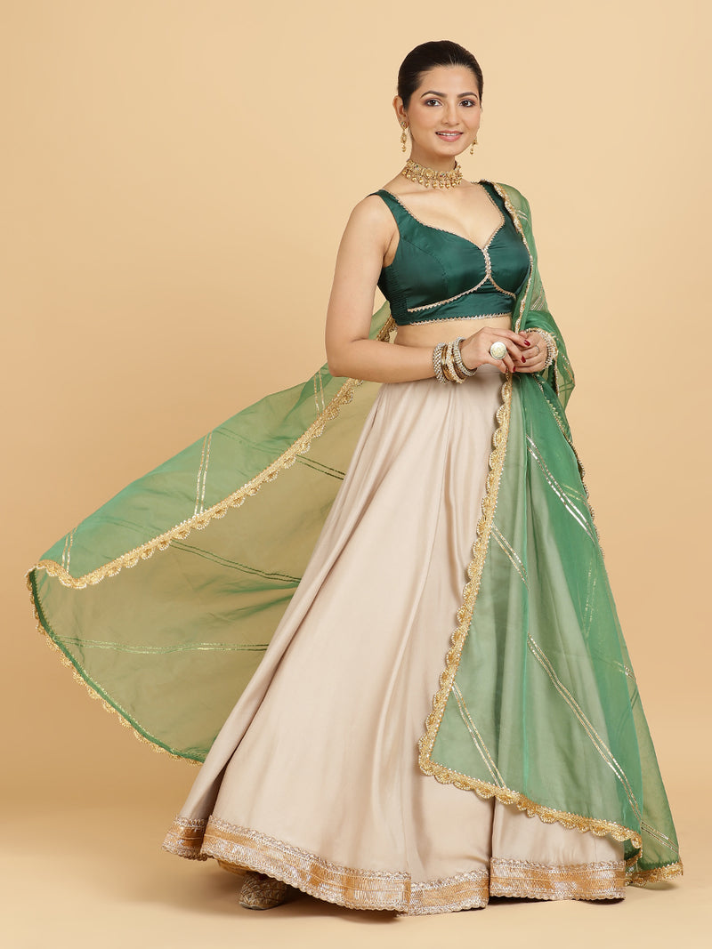 Zainab Ishika 4-Pc Lehenga Set x Tyohaar | Oyster Grey Lehenga, Bottle Green Blouse with Panna Emerald Green Dupatta and Cancan Skirt-Binks