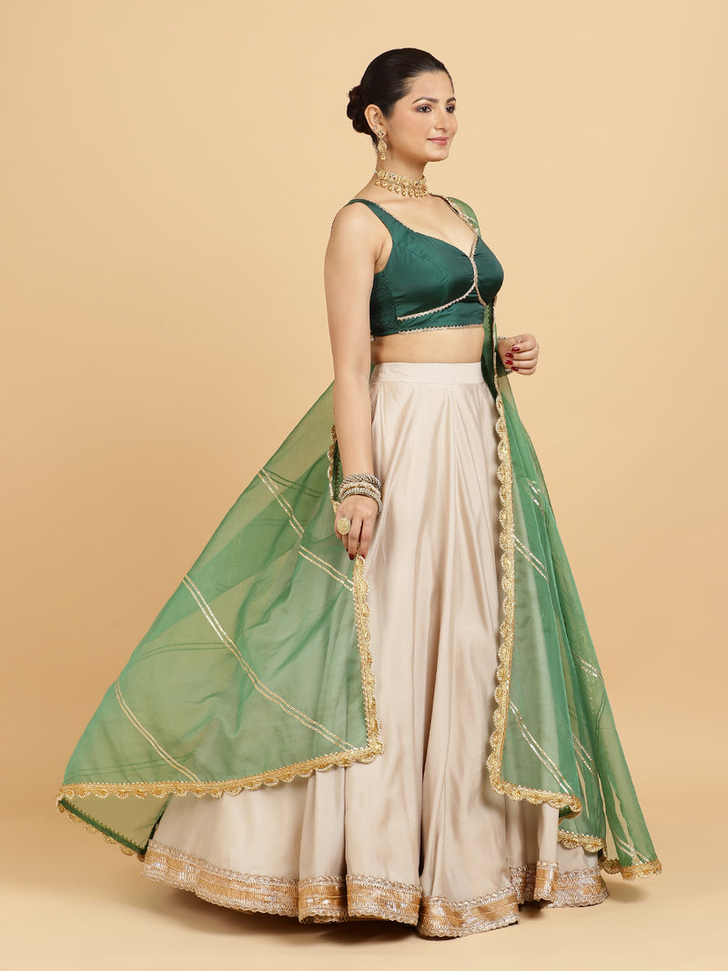 Zainab Ishika 4-Pc Lehenga Set x Tyohaar | Oyster Grey Lehenga, Bottle Green Blouse with Panna Emerald Green Dupatta and Cancan Skirt-Binks