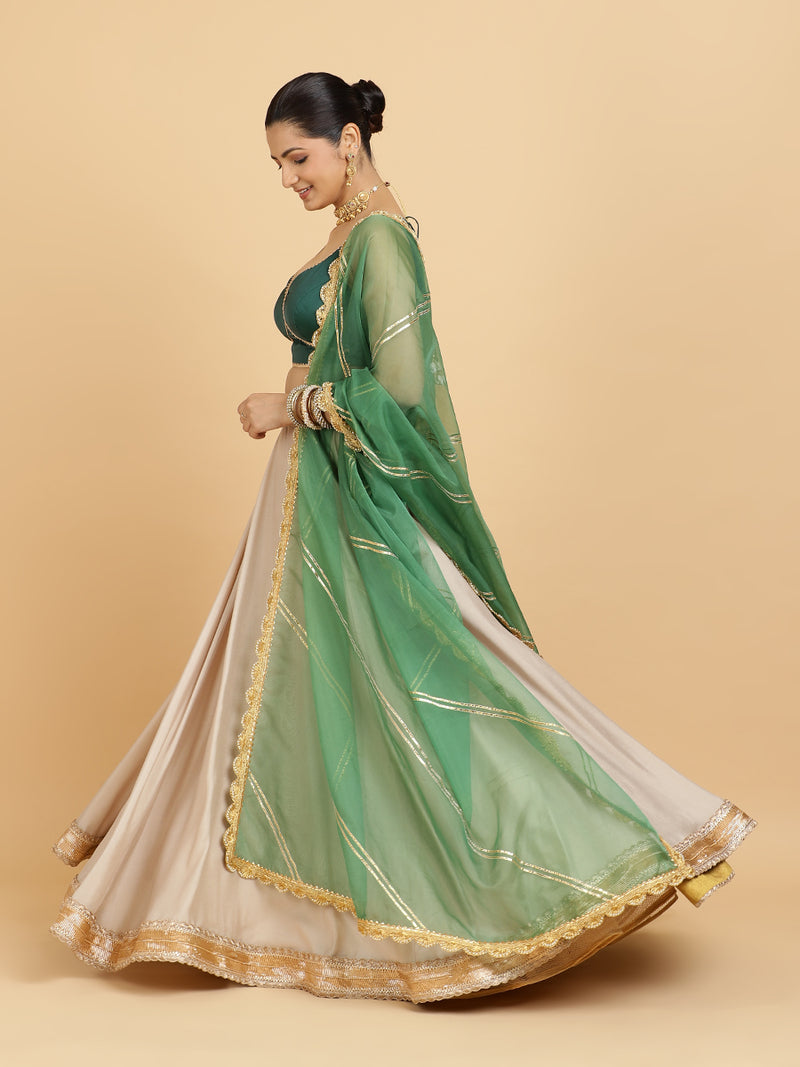 Zainab Ishika 4-Pc Lehenga Set x Tyohaar | Oyster Grey Lehenga, Bottle Green Blouse with Panna Emerald Green Dupatta and Cancan Skirt-Binks