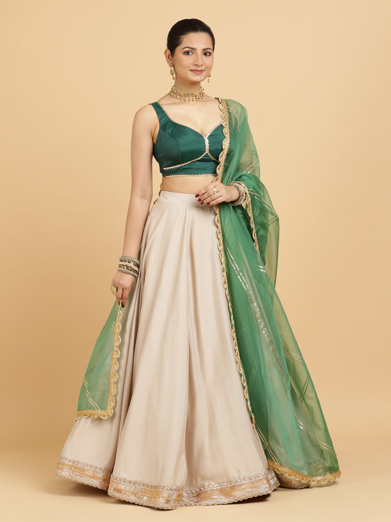 Zainab Ishika 4-Pc Lehenga Set x Tyohaar | Oyster Grey Lehenga, Bottle Green Blouse with Panna Emerald Green Dupatta and Cancan Skirt-Binks
