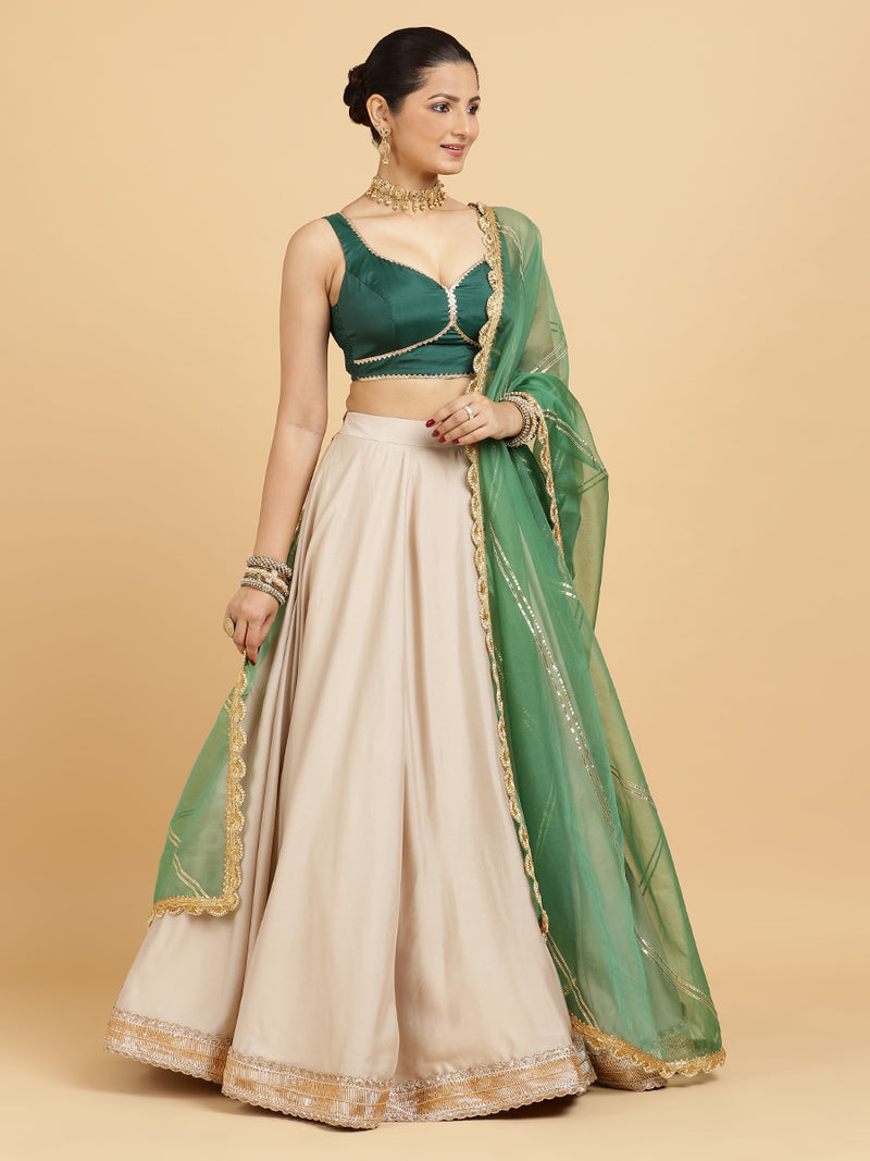 Zainab Ishika 4-Pc Lehenga Set x Tyohaar | Oyster Grey Lehenga, Bottle Green Blouse with Panna Emerald Green Dupatta and Cancan Skirt-Binks
