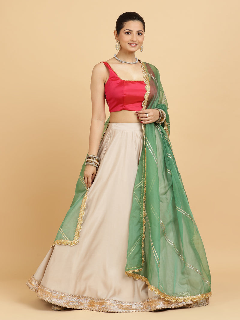 Zainab Zeba 4-Pc Lehenga Set x Tyohaar | Oyster Grey Lehenga, Rani Pink Blouse with Panna Emerald Green Dupatta and Cancan Skirt-Binks