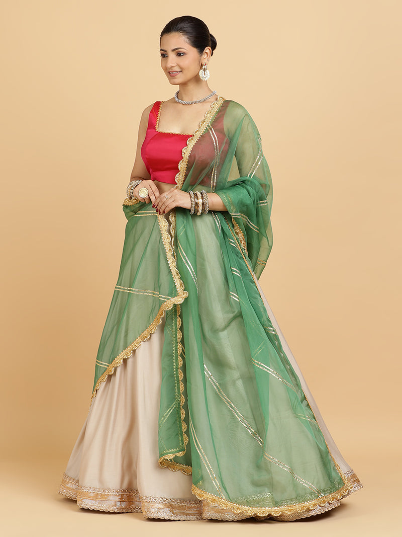 Zainab Zeba 4-Pc Lehenga Set x Tyohaar | Oyster Grey Lehenga, Rani Pink Blouse with Panna Emerald Green Dupatta and Cancan Skirt-Binks