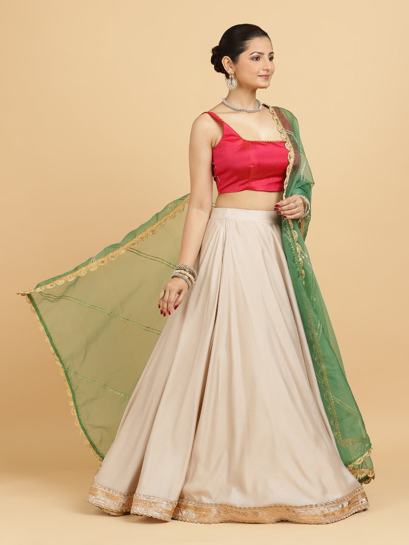 Zainab Zeba 4-Pc Lehenga Set x Tyohaar | Oyster Grey Lehenga, Rani Pink Blouse with Panna Emerald Green Dupatta and Cancan Skirt-Binks