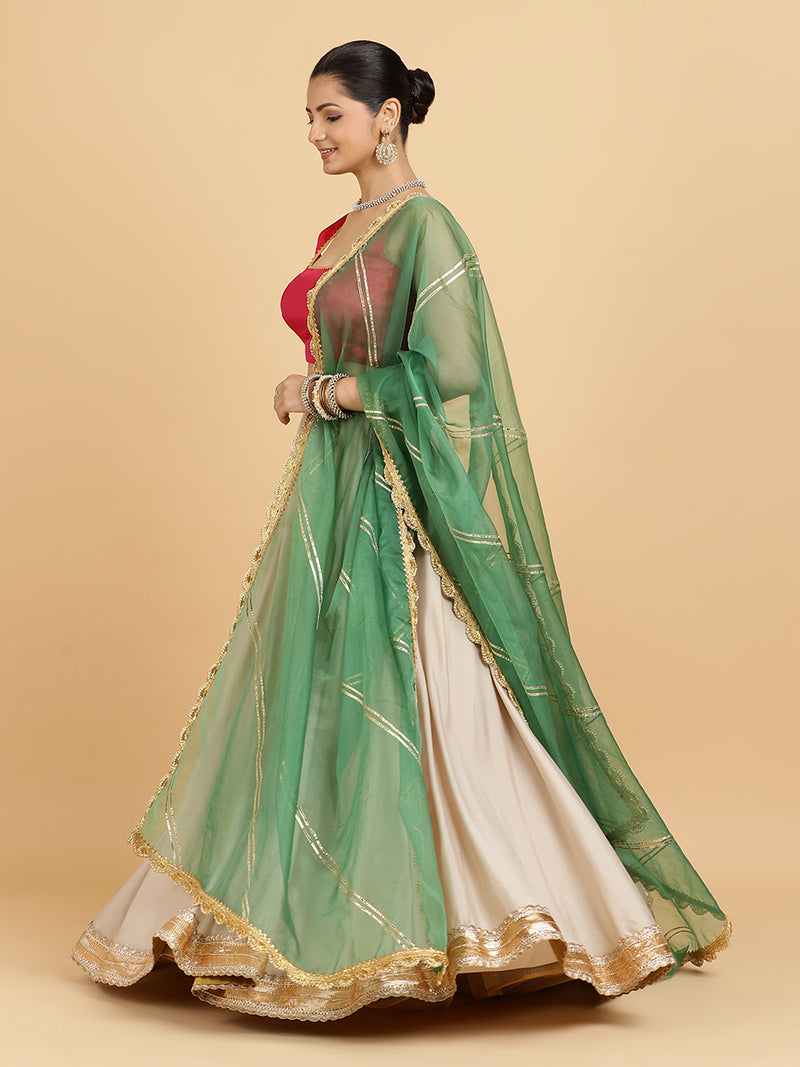Zainab Zeba 4-Pc Lehenga Set x Tyohaar | Oyster Grey Lehenga, Rani Pink Blouse with Panna Emerald Green Dupatta and Cancan Skirt-Binks