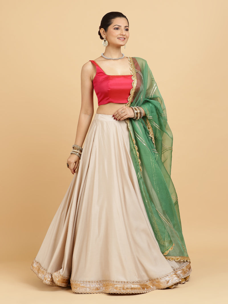 Zainab Zeba 4-Pc Lehenga Set x Tyohaar | Oyster Grey Lehenga, Rani Pink Blouse with Panna Emerald Green Dupatta and Cancan Skirt-Binks