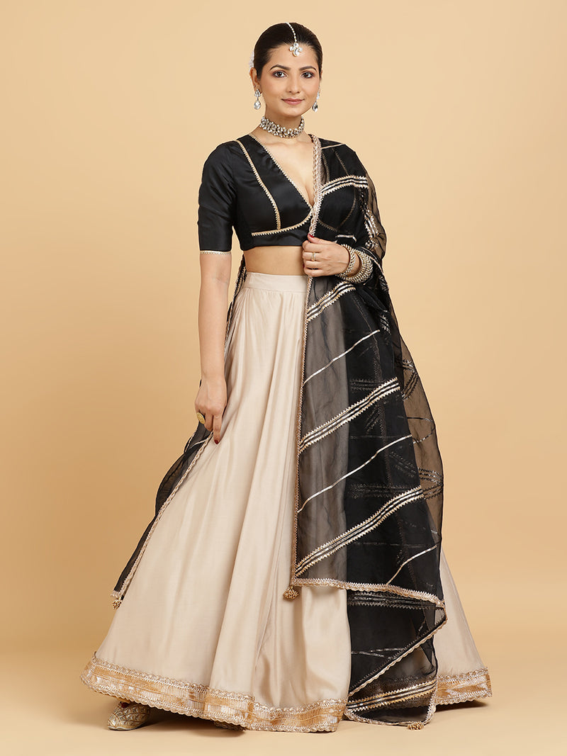 Zainab Zeenat 4-Pc Lehenga Set x Tyohaar | Oyster Grey Lehenga, Charcoal Black Blouse with Chandni Black Dupatta and Cancan Skirt-Binks