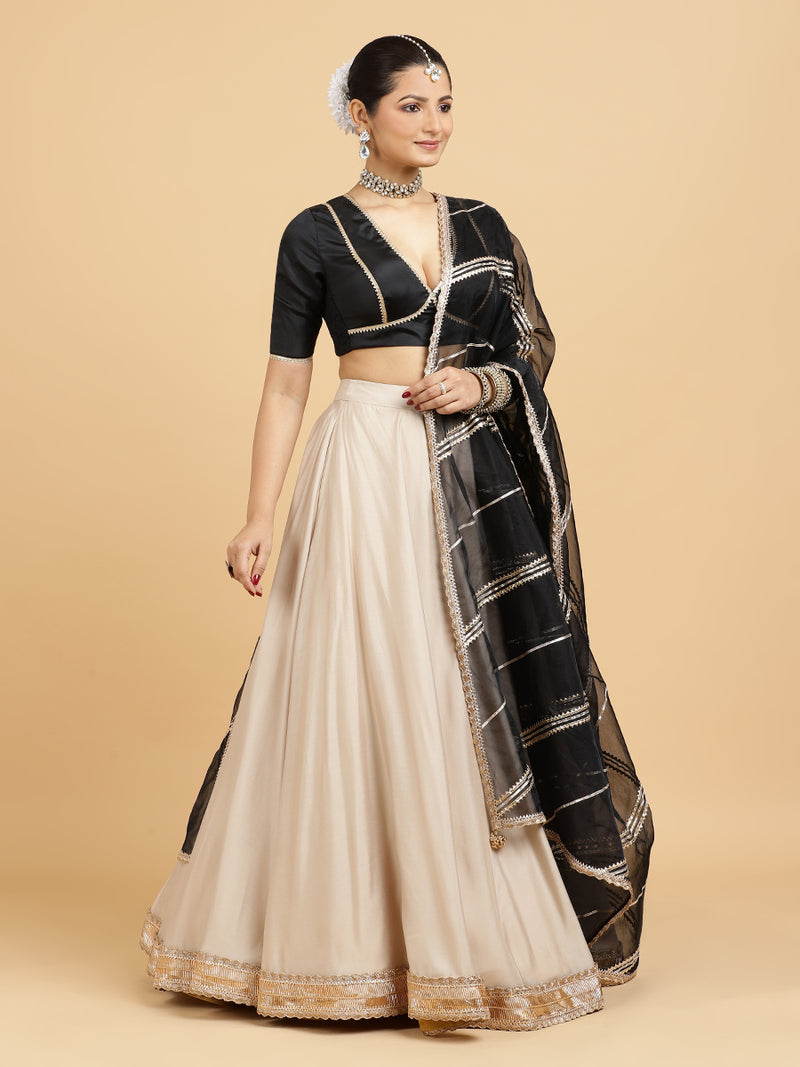 Zainab Zeenat 4-Pc Lehenga Set x Tyohaar | Oyster Grey Lehenga, Charcoal Black Blouse with Chandni Black Dupatta and Cancan Skirt-Binks