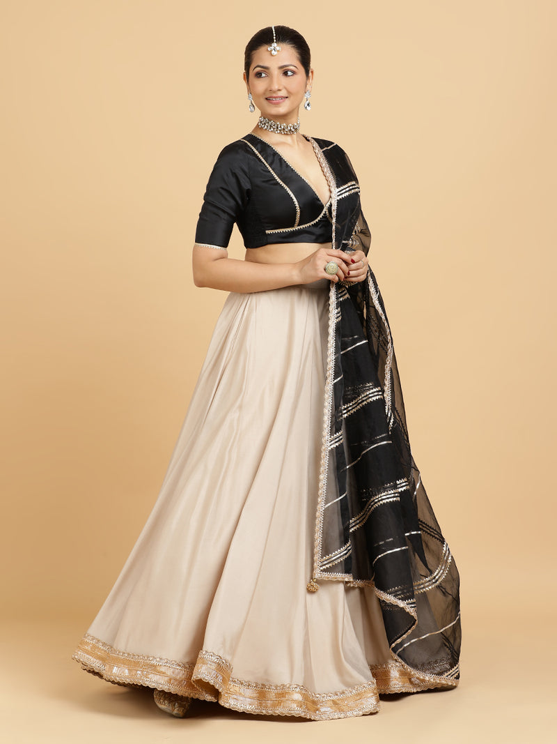Zainab Zeenat 4-Pc Lehenga Set x Tyohaar | Oyster Grey Lehenga, Charcoal Black Blouse with Chandni Black Dupatta and Cancan Skirt-Binks