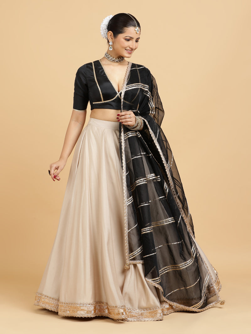 Zainab Zeenat 4-Pc Lehenga Set x Tyohaar | Oyster Grey Lehenga, Charcoal Black Blouse with Chandni Black Dupatta and Cancan Skirt-Binks