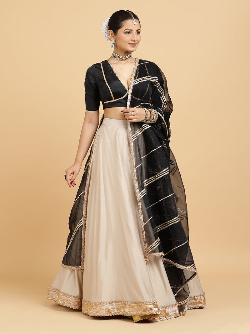 Zainab Zeenat 4-Pc Lehenga Set x Tyohaar | Oyster Grey Lehenga, Charcoal Black Blouse with Chandni Black Dupatta and Cancan Skirt-Binks