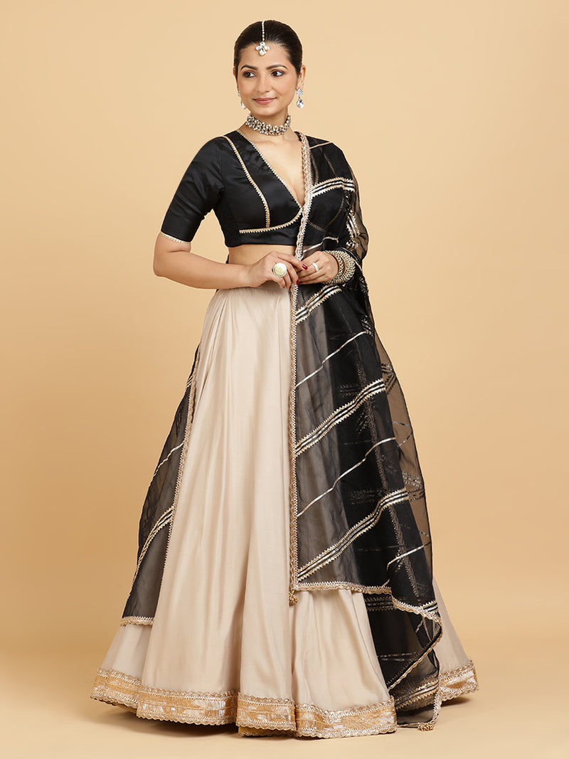 Zainab Zeenat 4-Pc Lehenga Set x Tyohaar | Oyster Grey Lehenga, Charcoal Black Blouse with Chandni Black Dupatta and Cancan Skirt-Binks