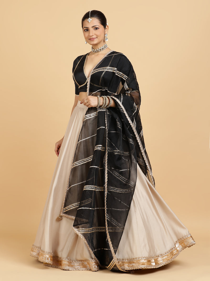 Zainab Zeenat 4-Pc Lehenga Set x Tyohaar | Oyster Grey Lehenga, Charcoal Black Blouse with Chandni Black Dupatta and Cancan Skirt-Binks