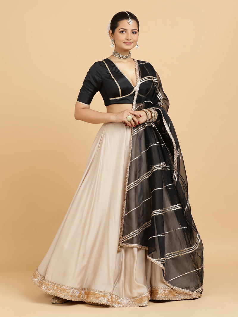 Zainab Zeenat 4-Pc Lehenga Set x Tyohaar | Oyster Grey Lehenga, Charcoal Black Blouse with Chandni Black Dupatta and Cancan Skirt-Binks