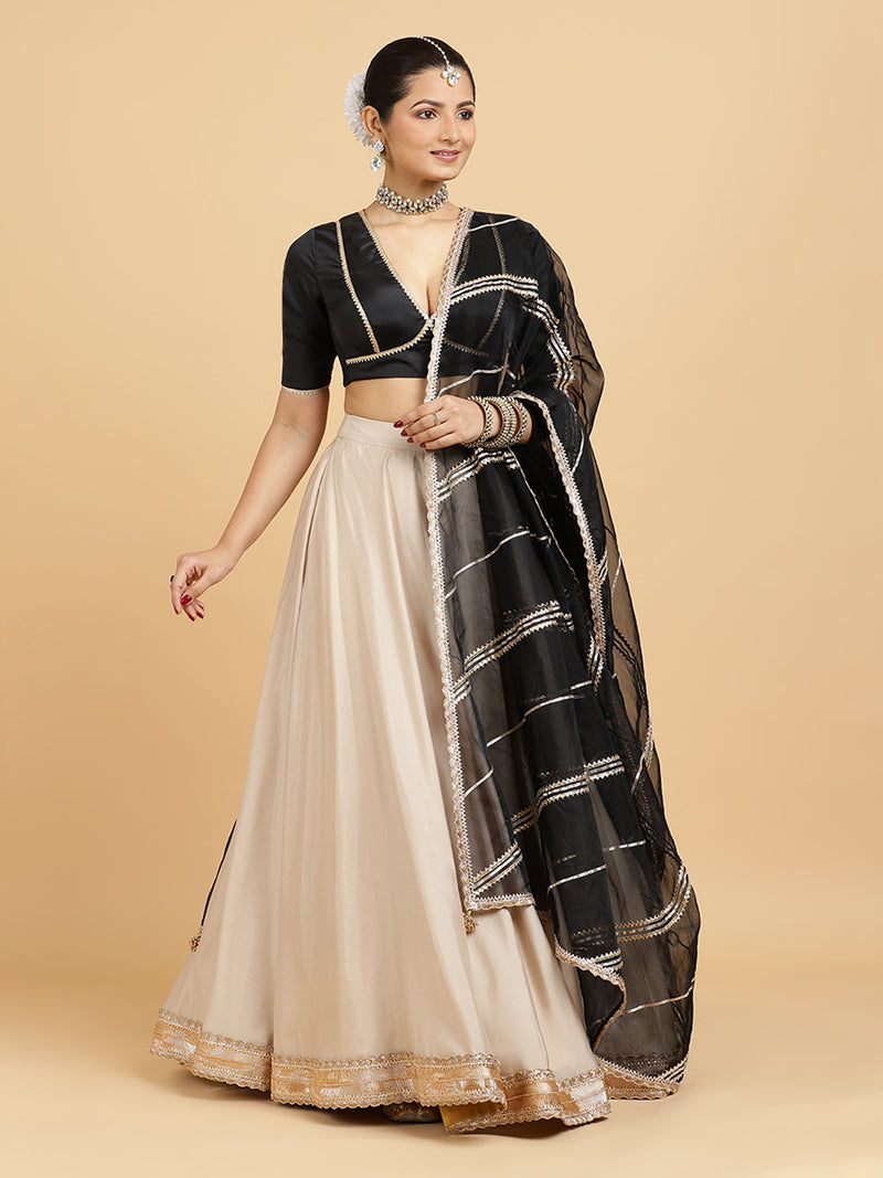 Zainab Zeenat 4-Pc Lehenga Set x Tyohaar | Oyster Grey Lehenga, Charcoal Black Blouse with Chandni Black Dupatta and Cancan Skirt-Binks