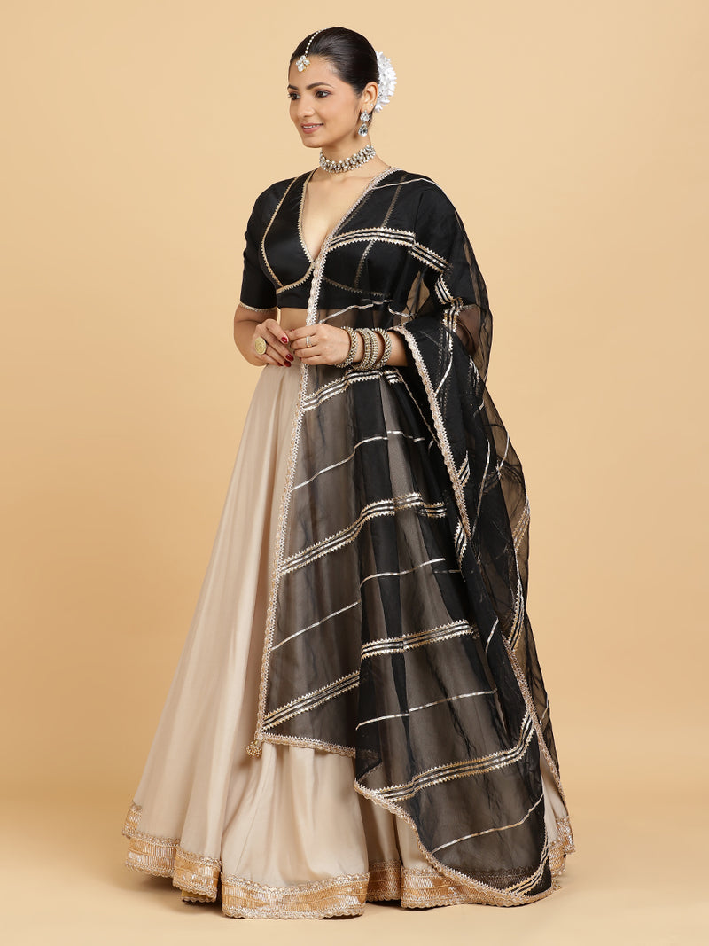 Zainab Zeenat 4-Pc Lehenga Set x Tyohaar | Oyster Grey Lehenga, Charcoal Black Blouse with Chandni Black Dupatta and Cancan Skirt-Binks
