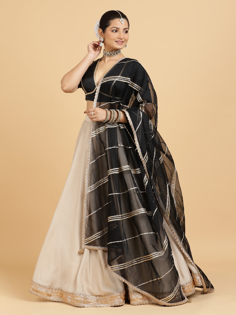 Zainab Zeenat 4-Pc Lehenga Set x Tyohaar | Oyster Grey Lehenga, Charcoal Black Blouse with Chandni Black Dupatta and Cancan Skirt-Binks