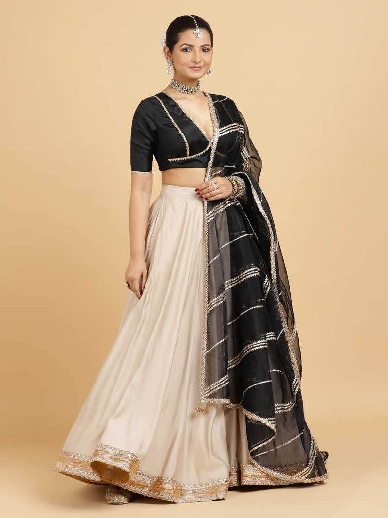 Zainab Zeenat 4-Pc Lehenga Set x Tyohaar | Oyster Grey Lehenga, Charcoal Black Blouse with Chandni Black Dupatta and Cancan Skirt-Binks