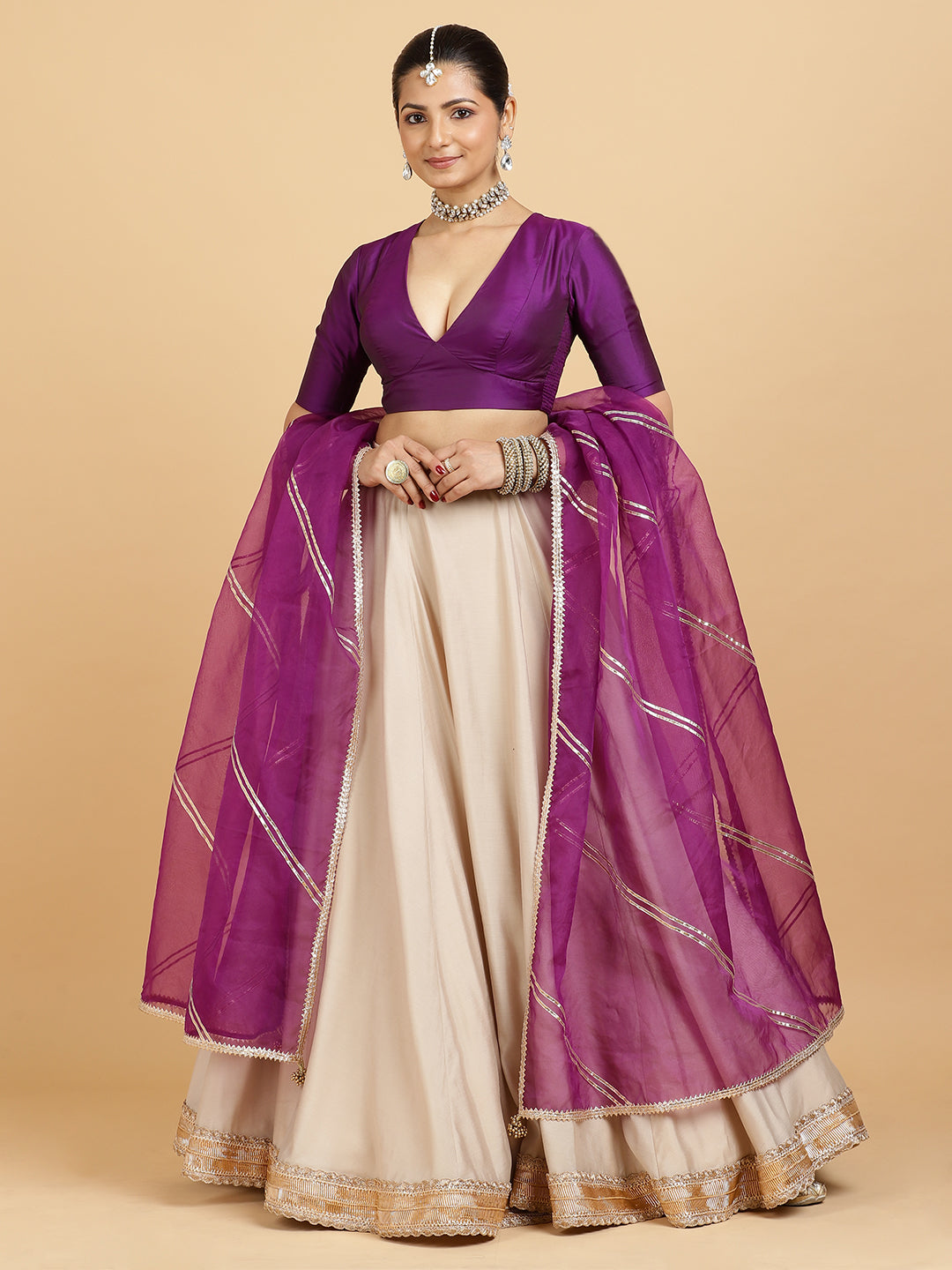 Zainab Zeenat 4-Pc Lehenga Set x Tyohaar, in Beige, featuring elbow sleeves and v-neckline, made for party & festive.