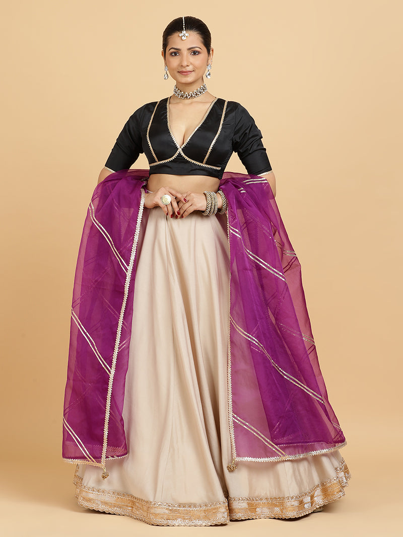 Zainab Zeenat 4-Pc Lehenga Set x Tyohaar | Oyster Grey Lehenga, Charcoal Black Blouse with Falak Purple Dupatta and Cancan Skirt-Binks