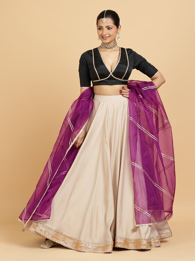 Zainab Zeenat 4-Pc Lehenga Set x Tyohaar | Oyster Grey Lehenga, Charcoal Black Blouse with Falak Purple Dupatta and Cancan Skirt-Binks