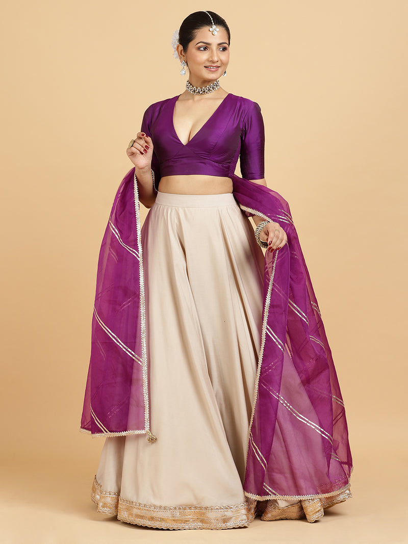 Zainab Zeenat 4-Pc Lehenga Set x Tyohaar | Oyster Grey Lehenga, Purple Blouse with Falak Purple Dupatta and Cancan Skirt-Binks
