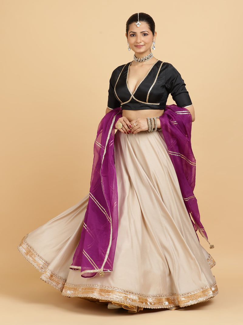 Zainab Zeenat 4-Pc Lehenga Set x Tyohaar | Oyster Grey Lehenga, Charcoal Black Blouse with Falak Purple Dupatta and Cancan Skirt-Binks